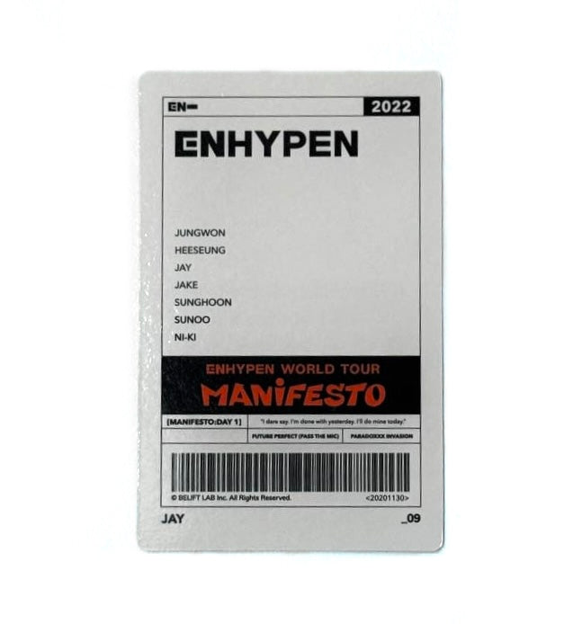 ENHYPEN Jay trading photocard [Manifesto World Tour 2022]